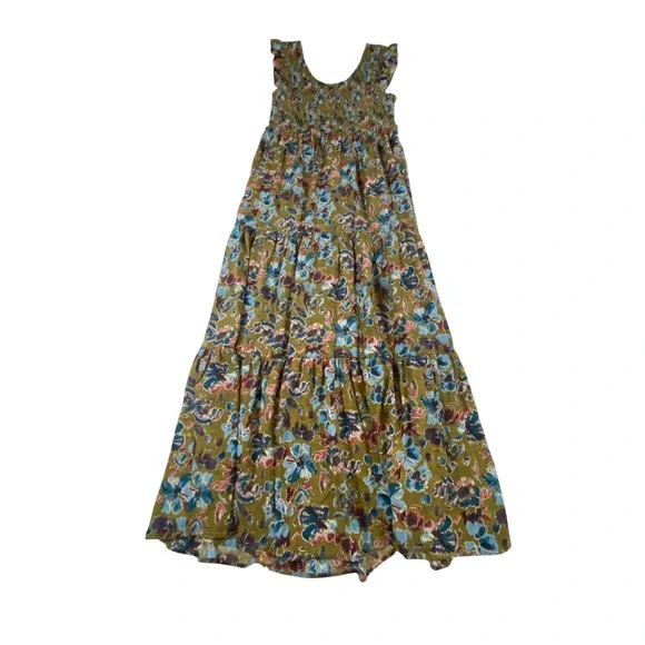 Natural Life Women Olive Green Floral Smocked Tiered Ruffle Maxi Dress Small - Picture 3 of 9